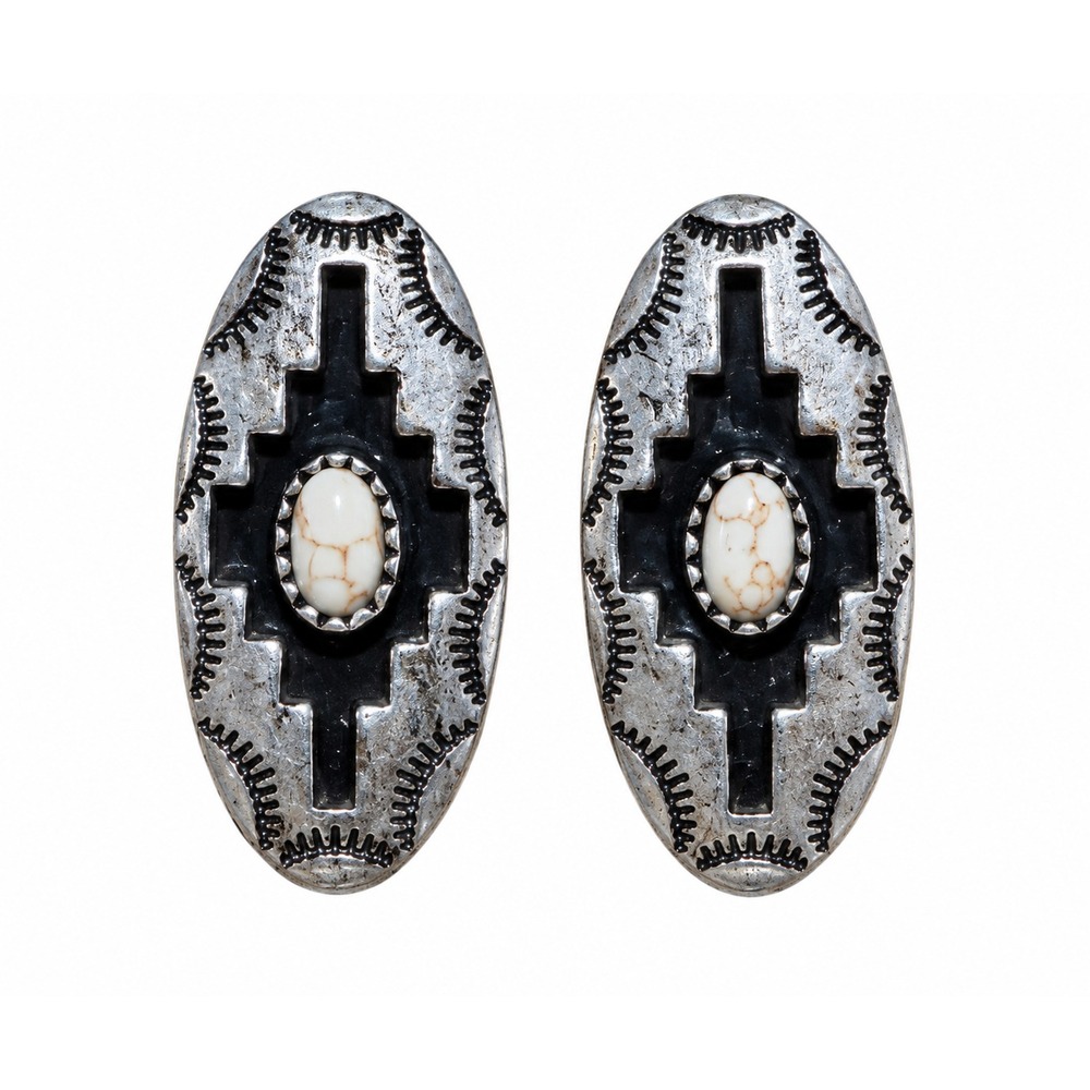 White Howlite Aztec Concho Stud Earrings Silver Tone Western Cowgirl